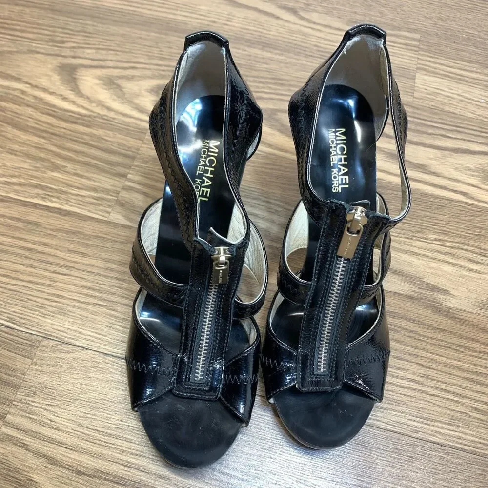 Michael Kors Berkley‎ T-Strap Dress Sandals Black Crinkle Patent Size 9M